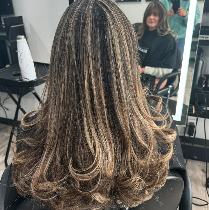 Long layered brown hair with blonde highlights, blown out with curled-under ends, seen from the back